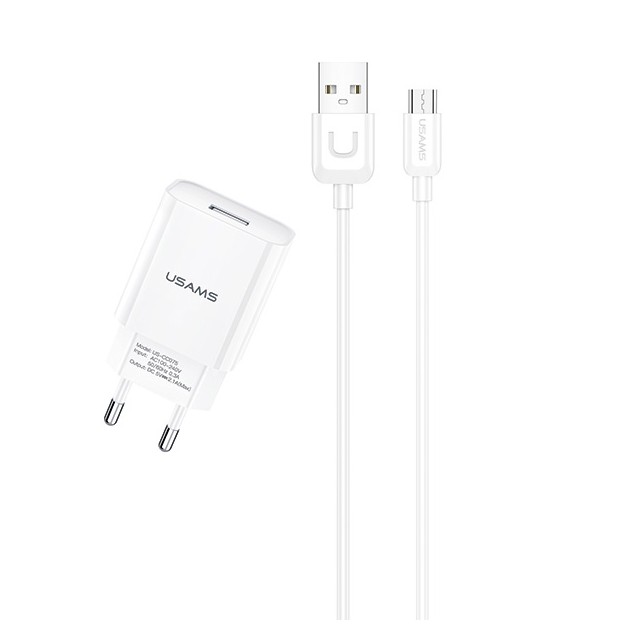 ŁADOWARKA SIECIOWA USAMS T21 + KABEL MICRO USB T21OCMC01 2.1A BIAŁA