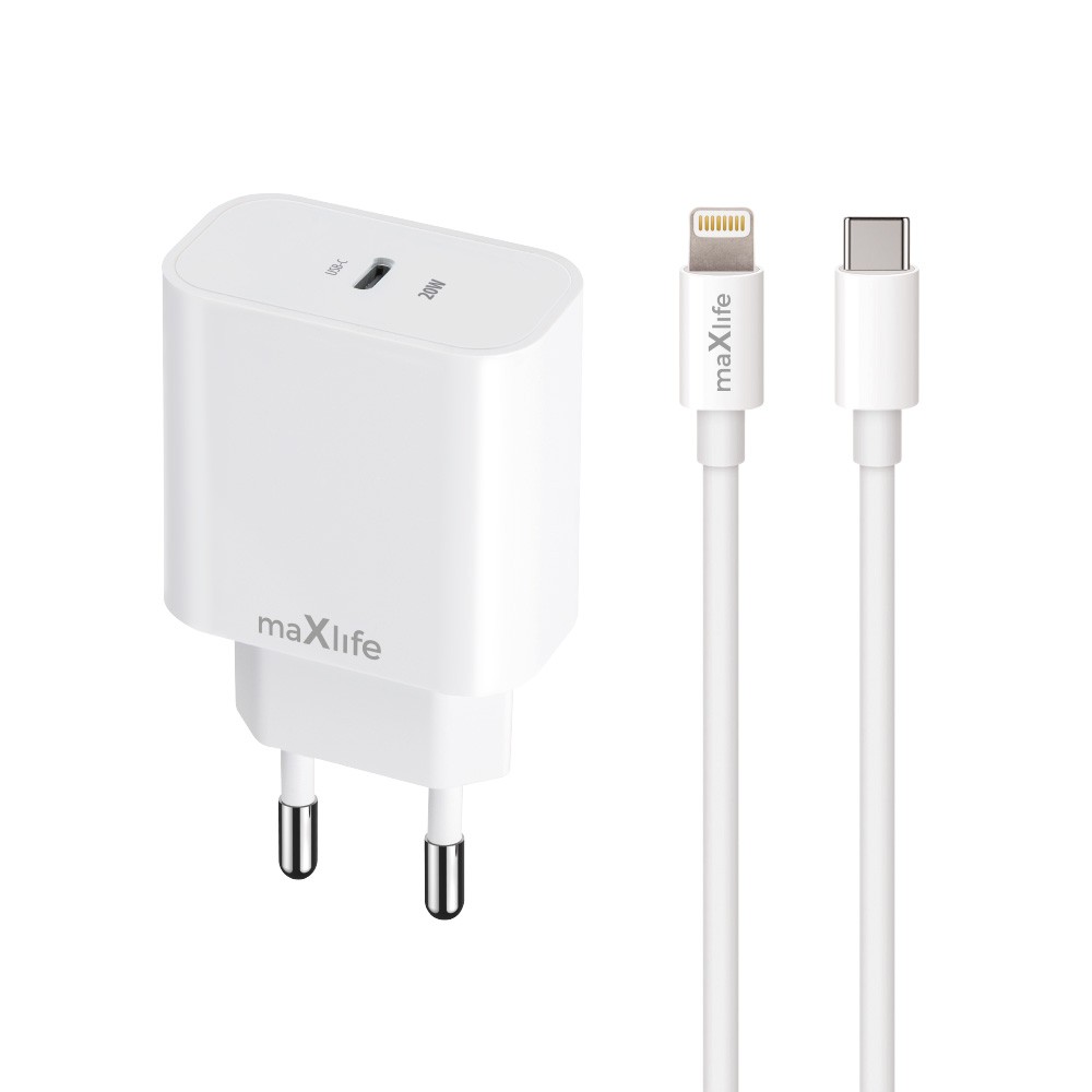 ŁADOWARKA SIECIOWA MAXLIFE USB-C MXTC-06-20C 20W + KABEL USB-C DO LIGHTNING BIAŁA