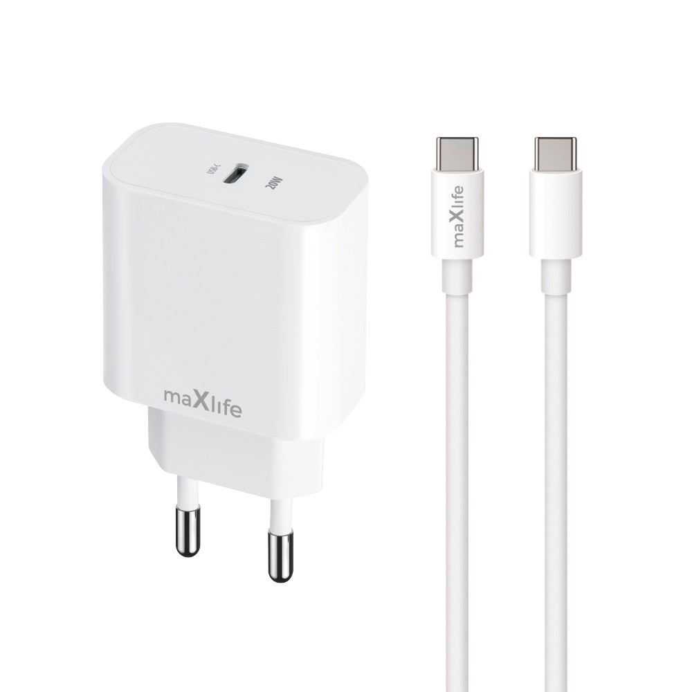 ŁADOWARKA SIECIOWA MAXLIFE USB-C MXTC-06-20C 20W + KABEL USB-C DO USB-C BIAŁA