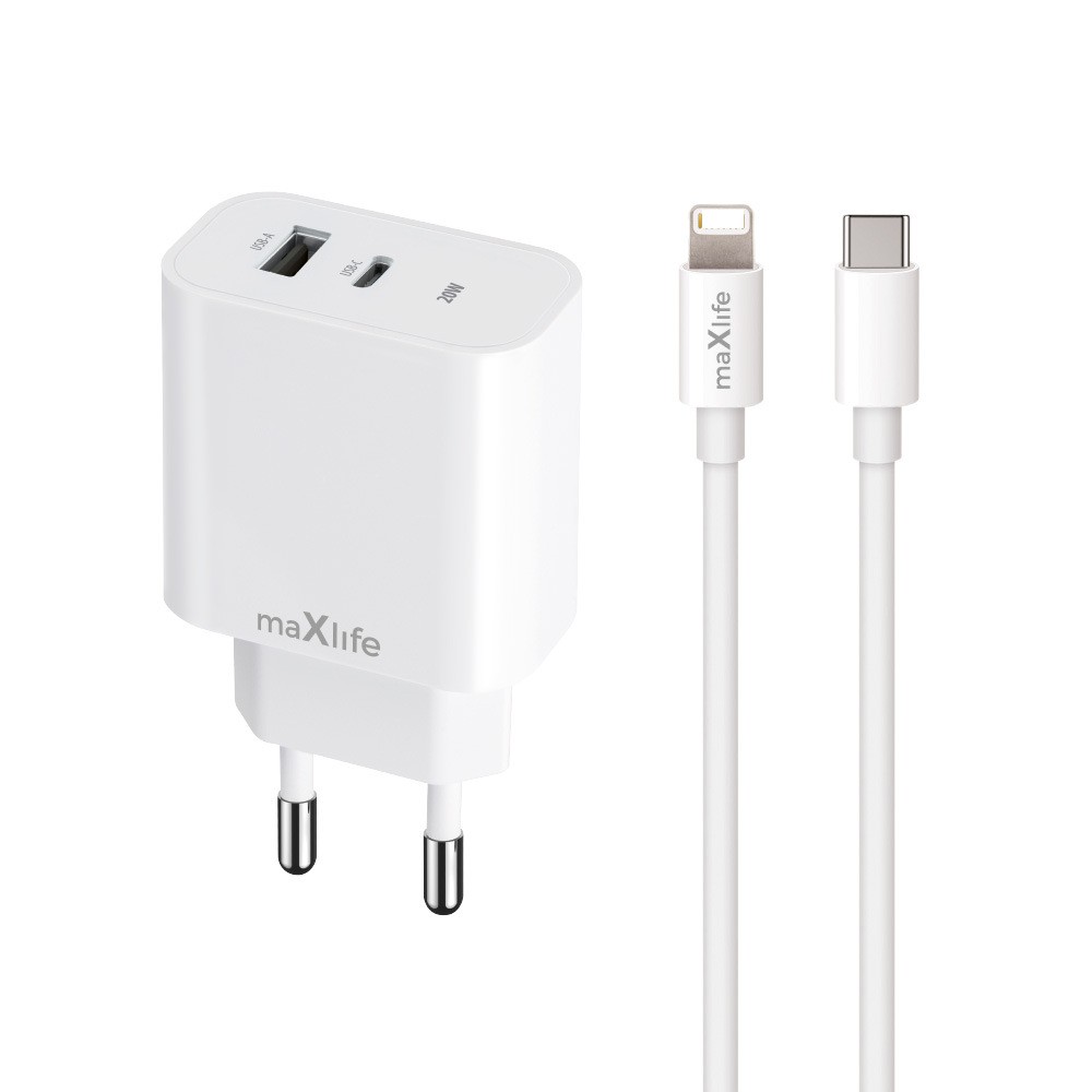 ŁADOWARKA SIECIOWA MAXLIFE USB + USB-C MXTC-06-20AC 20W + KABEL USB-C DO LIGHTNING BIAŁA