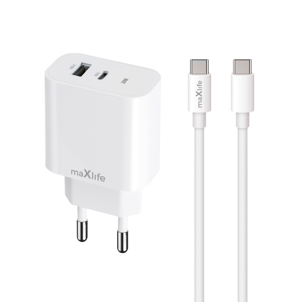 ŁADOWARKA SIECIOWA MAXLIFE USB + USB-C MXTC-06-AC 20W + KABEL USB-C DO USB-C BIAŁA