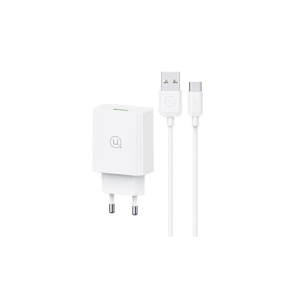 ŁADOWARKA SIECIOWA USAMS SC SERIES USB + KABEL USB-C 18W FAST CHARGING 1M BIAŁY