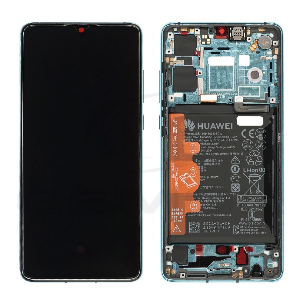 WYŚWIETLACZ LCD DO HUAWEI P30 NIEBIESKI Z RAMKĄ I BATERIĄ NOWA WERSJA 02354HNJ 02354HRH 02352NLN 02354KUM ORYGINAŁ SERVICE PACK