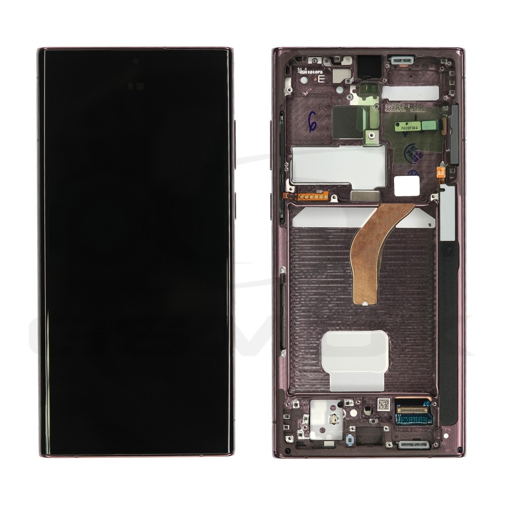WYŚWIETLACZ LCD + PANEL DOTYKOWY KOMPLET SAMSUNG S908 GALAXY S22 ULTRA BURGUNDOWY Z RAMKĄ GH82-27488B GH82-27489B ORYGINAŁ SERVICE PACK