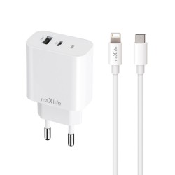 ŁADOWARKA SIECIOWA MAXLIFE USB + USB-C MXTC-06-20AC 20W + KABEL USB-C DO LIGHTNING BIAŁA ŁADOWARKA SIECIOWA MAXLIFE USB + USB-C MXTC-06-20AC 20W + KABEL USB-C DO LIGHTNING BIAŁA