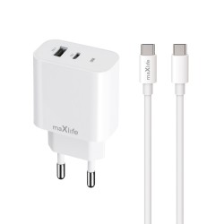ŁADOWARKA SIECIOWA MAXLIFE USB + USB-C MXTC-06-AC 20W + KABEL USB-C DO USB-C BIAŁA ŁADOWARKA SIECIOWA MAXLIFE USB + USB-C MXTC-06-AC 20W + KABEL USB-C DO USB-C BIAŁA