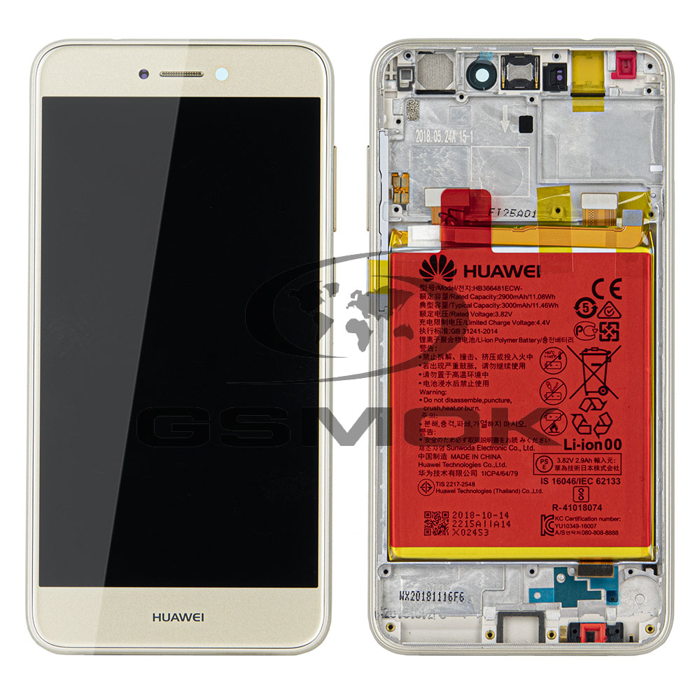 WYŚWIETLACZ LCD DO HUAWEI HONOR 8 LITE Z RAMKĄ I BATERIĄ ZŁOTY 02351UYF 02351DWM 02351DYP 02351DWK 02351DWR ORYGINAŁ SERVICE PACK