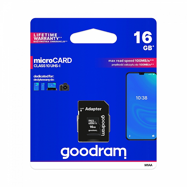 Zdjęcie 1 - KARTA PAMIĘCI GOODRAM MICRO SD 16GB Z ADAPTEREM 10 CLASS UHS I M1AA-0160R12 Zdjęcie 1 - KARTA PAMIĘCI GOODRAM MICRO SD 16GB Z ADAPTEREM 10 CLASS UHS I M1AA-0160R12