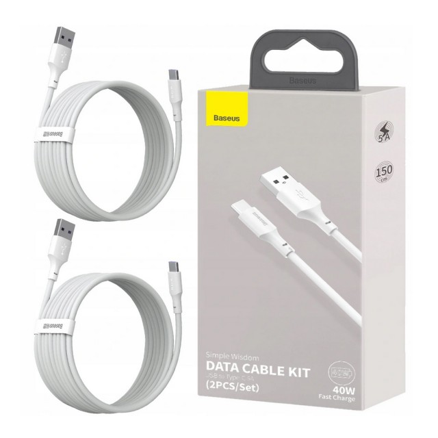 Zdjęcie 2 - KABEL USB USB-C 5A 40W 1.5M BASEUS SIMPLE WISDOM TZCATZJ-02 BIAŁY 2 SZTUKI Zdjęcie 2 - KABEL USB USB-C 5A 40W 1.5M BASEUS SIMPLE WISDOM TZCATZJ-02 BIAŁY 2 SZTUKI