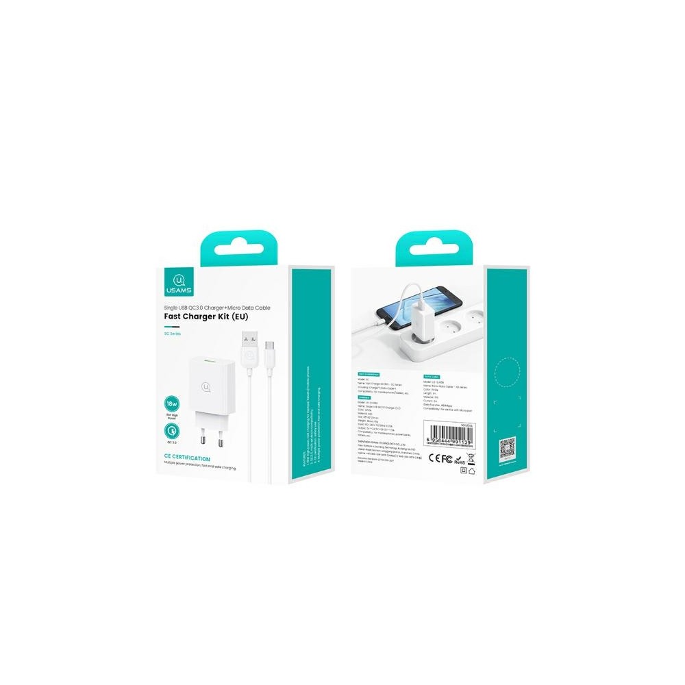 Zdjęcie 5 - ŁADOWARKA SIECIOWA USAMS SC SERIES USB + KABEL USB-C 18W FAST CHARGING 1M BIAŁY Zdjęcie 5 - ŁADOWARKA SIECIOWA USAMS SC SERIES USB + KABEL USB-C 18W FAST CHARGING 1M BIAŁY